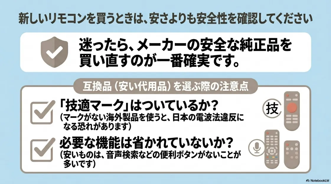 新しいリモコンを買う際の安全性確認ポイント。純正品の推奨や、互換品における技適マークと必要機能の確認を促すスライド。