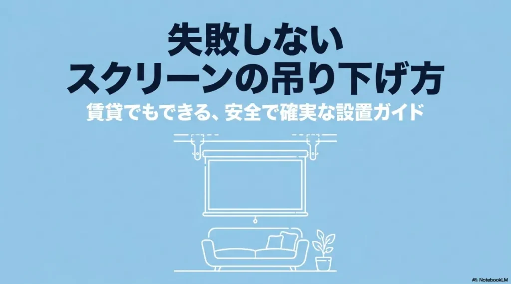 プロジェクタースクリーンの吊り下げ方ガイド。失敗しないための賃貸DIYや安全な設置方法の解説スライド。