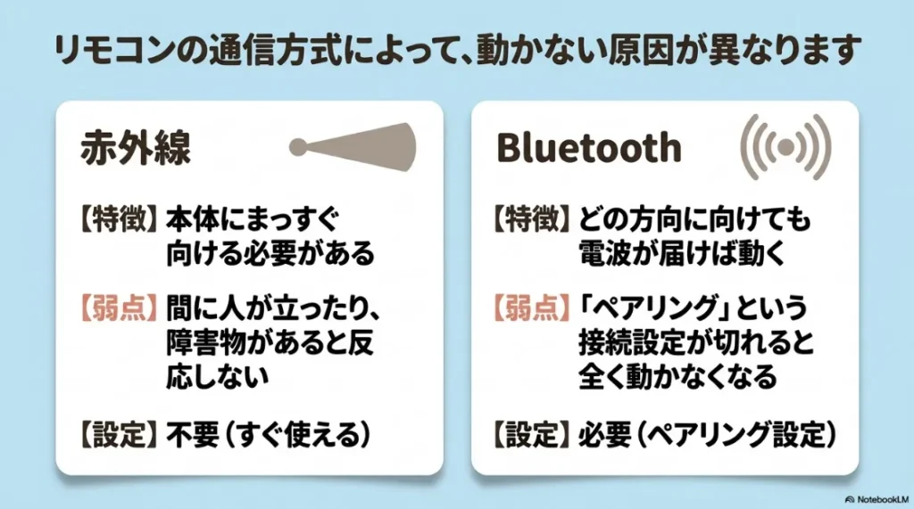 赤外線方式とBluetooth方式のリモコンの特徴、弱点、設定の要否を比較した図解スライド。