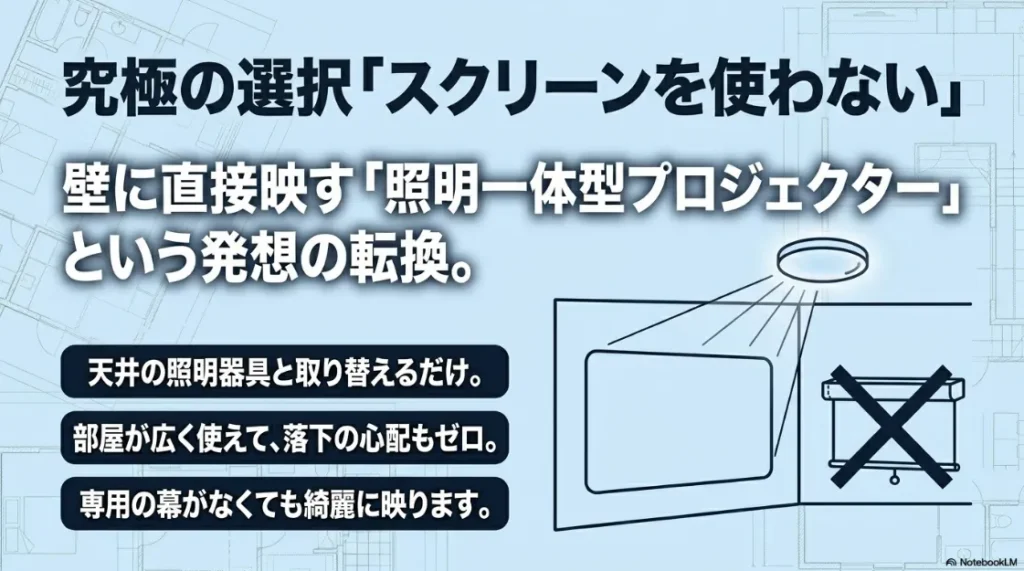 スクリーンを使わない選択肢。照明一体型プロジェクター（Aladdin Xなど）を天井のソケットに取り付ける設置イメージ