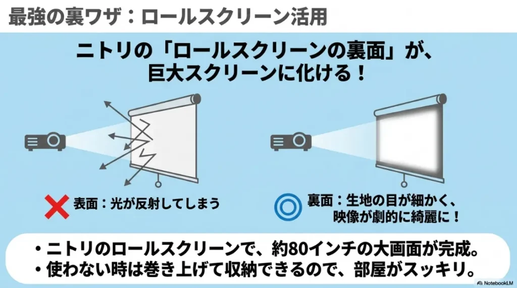ニトリのロールスクリーンの裏面をプロジェクタースクリーンとして活用する裏ワザの解説。約80インチの大画面が完成するメリット