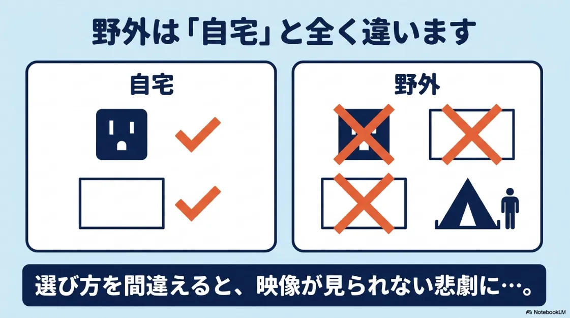 自宅利用と屋外利用の違いを比較した図。キャンプでは選び方を間違えると映像が見えなくなることを解説している。