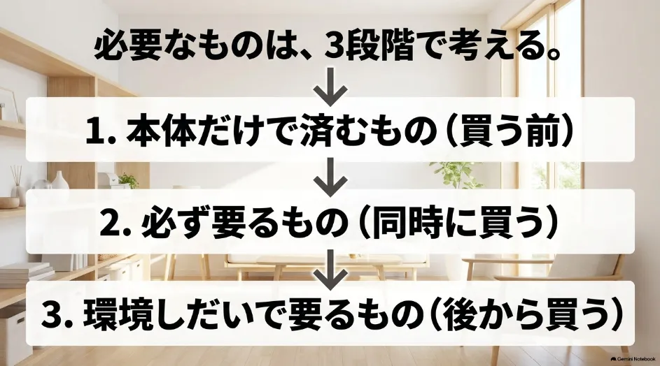 プロジェクターに必要なものを本体だけで済むもの、同時に買うもの、後から買うものの3段階に分けた図