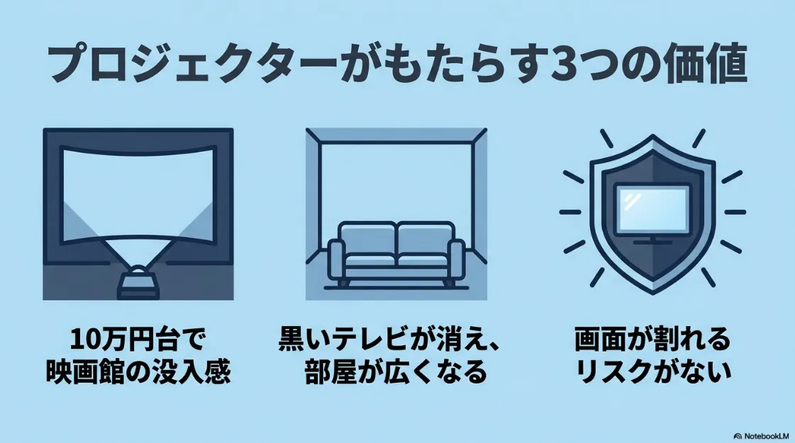 プロジェクターがもたらす3つの価値（10万円台で映画館の没入感、黒いテレビが消え部屋が広くなる、画面が割れるリスクがない）の解説イラスト