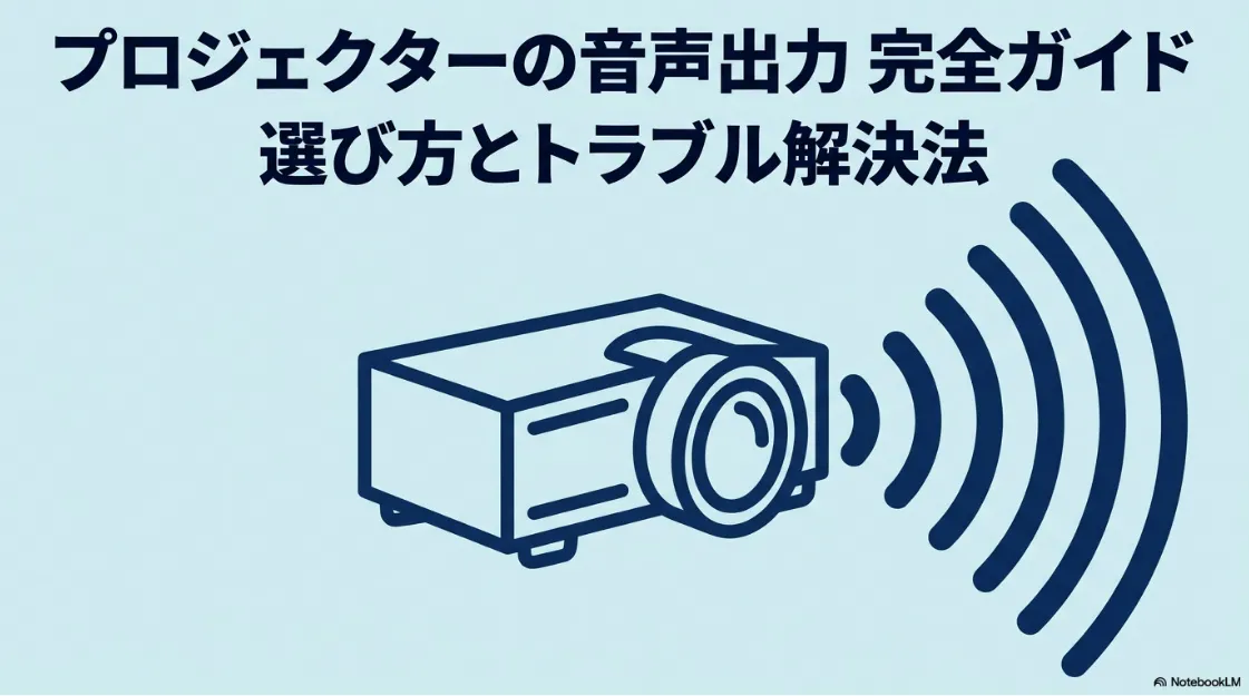 プロジェクターの音声出力完全ガイドのタイトルスライド。「選び方とトラブル解決法」について記載されています。
