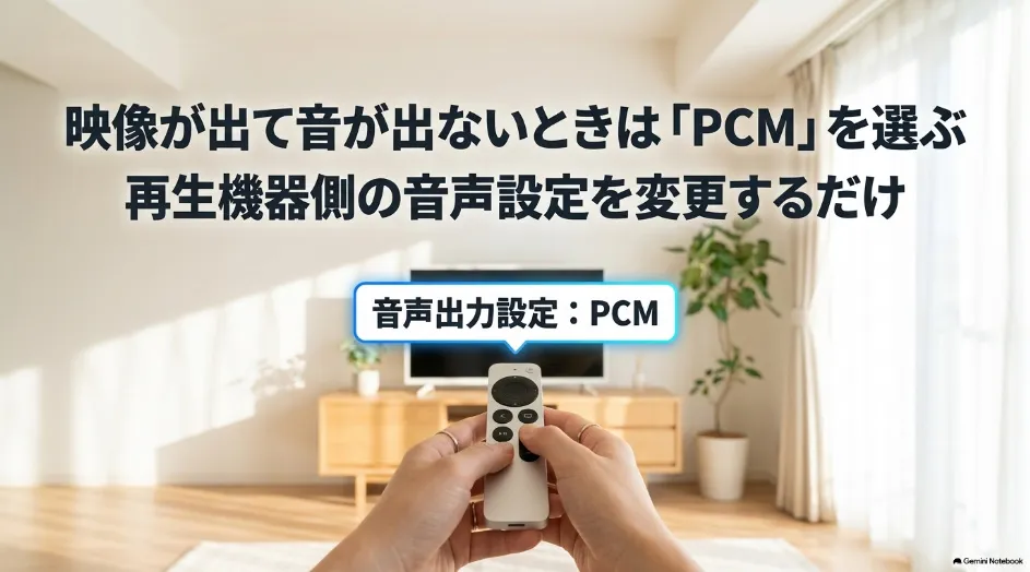 ブルーレイの映像は出るのに音が出ない場合に再生機器の音声出力をPCMへ変更する図