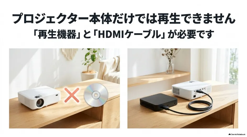 プロジェクター単体ではブルーレイを再生できず再生機器とHDMIケーブルが必要なことを示す図