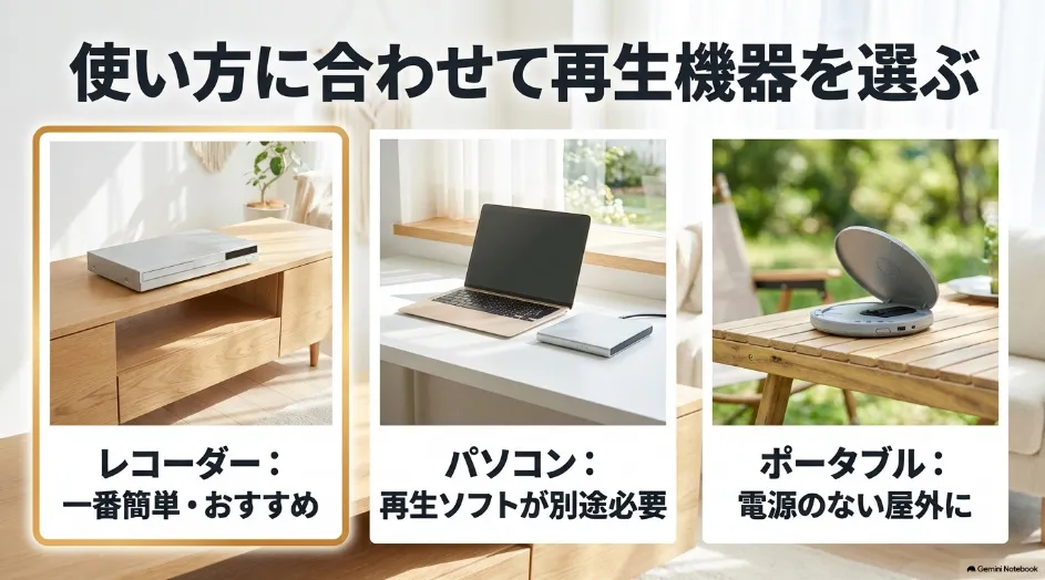 ブルーレイレコーダー、パソコン、ポータブルプレーヤーの3つの再生方法を比較した図