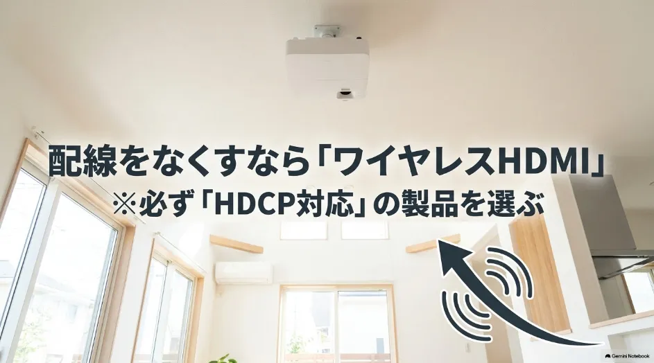天井設置のプロジェクターへワイヤレスHDMIで映像を送りHDCP対応製品を選ぶことを示す図