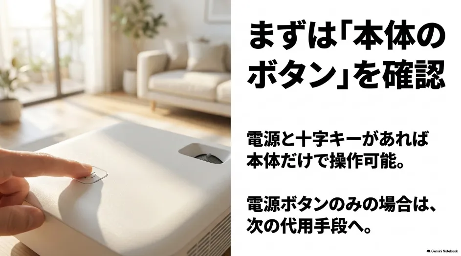 プロジェクター本体の電源ボタンや十字キーを確認してリモコンなしで操作できるか判断する方法