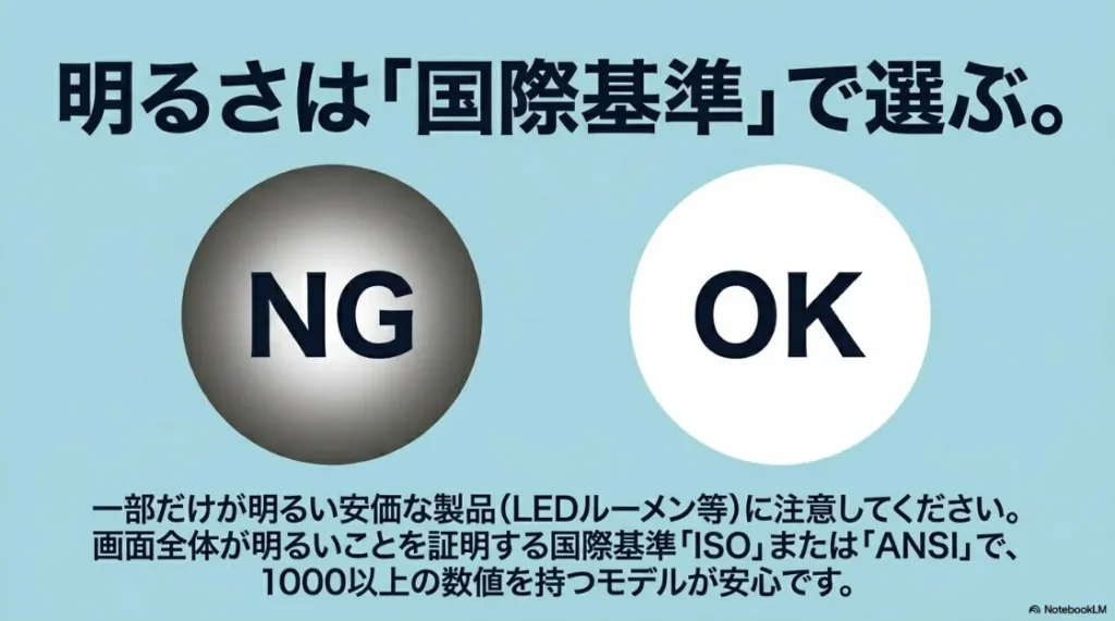 プロジェクターの明るさは、国際基準であるISOまたはANSIで1000以上の数値を持つモデルを選ぶ