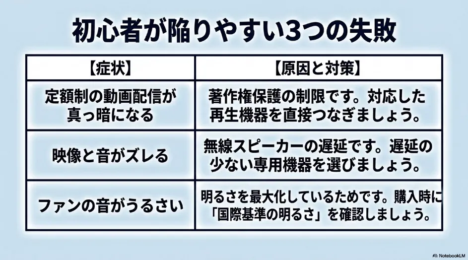 初心者が陥りやすい3つの失敗(動画配信が真っ暗になる、音ズレ、ファンがうるさい)の症状と、それぞれの原因・対策をまとめた比較表。