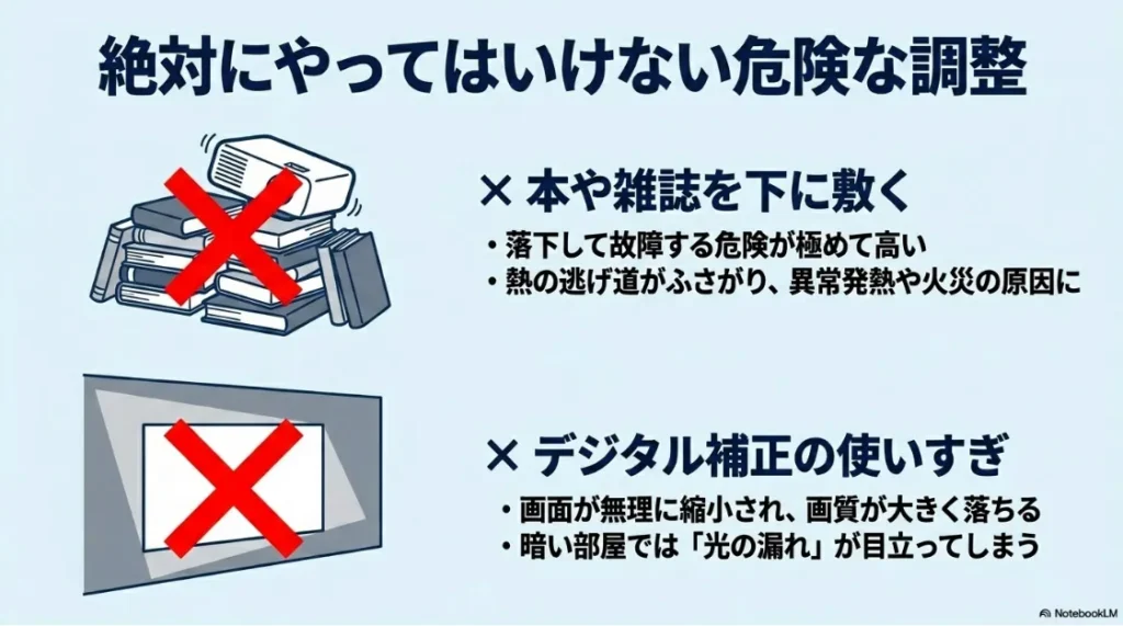 本や雑誌を敷く方法や過度な台形補正の危険性を示す図解