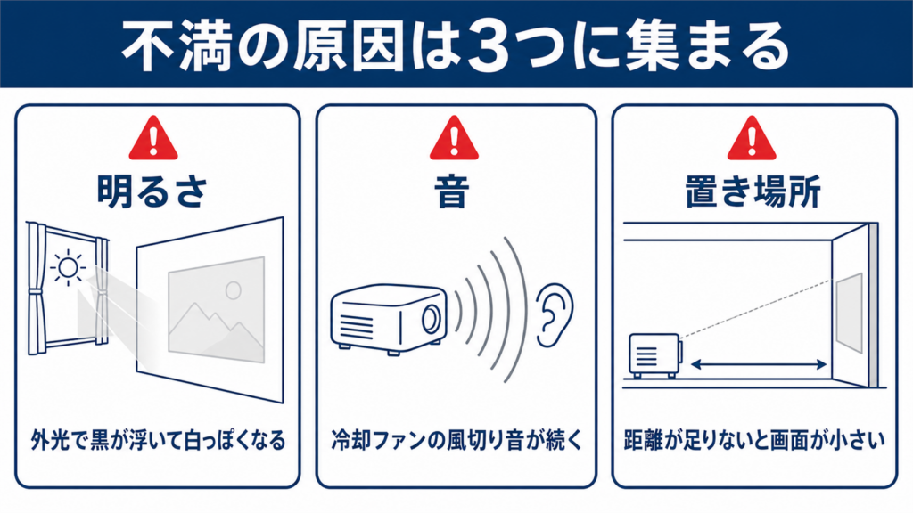 プロジェクターの弱点が明るさと音と置き場所に集約されることを示した図