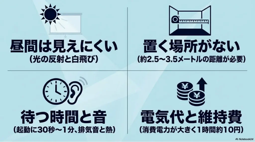 昼間は見えにくい、置く場所がない、待機時間と音、電気代などのプロジェクターのデメリット