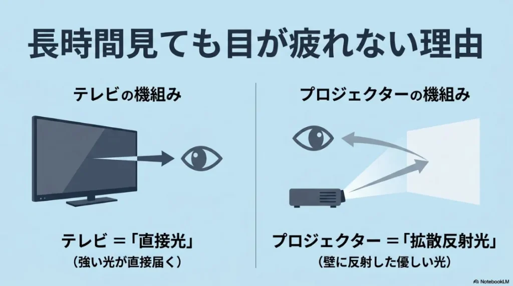 テレビの直接光とプロジェクターの拡散反射光の違いを比較し、長時間見ても目が疲れない理由を説明する図解