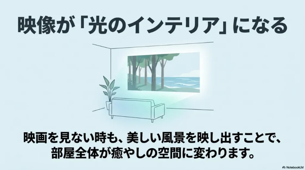 リビングの壁に海の風景が映し出されたイメージ。映像が光のインテリアになり部屋全体が癒やしの空間に変わる様子。