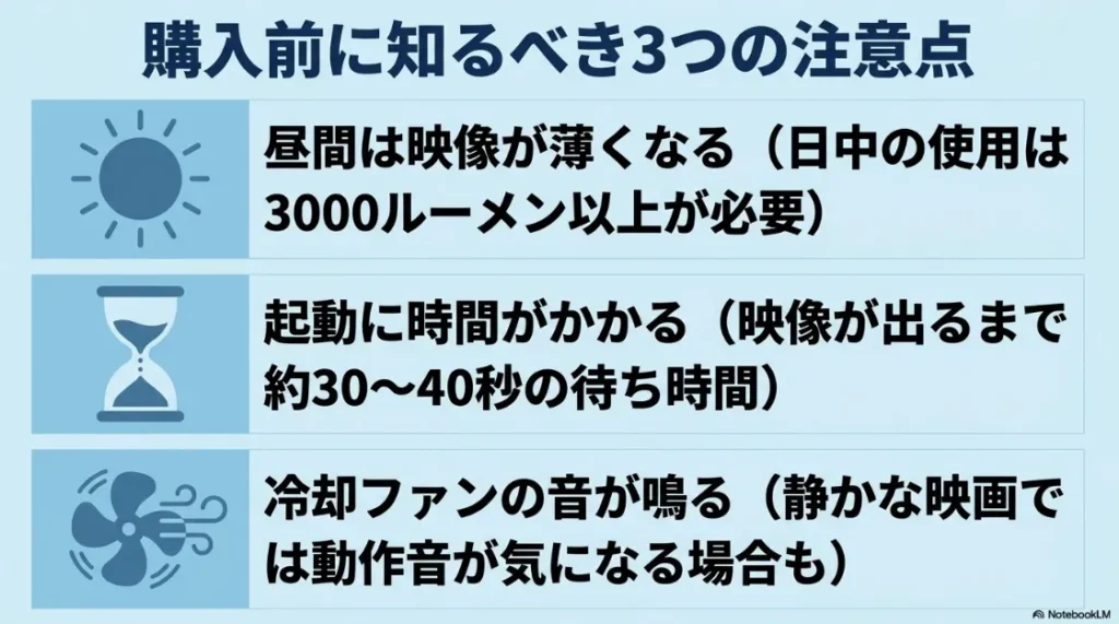 購入前に知るべき3つの注意点（昼間は映像が薄くなる、起動に時間がかかる、冷却ファンの音が鳴る）をまとめた表