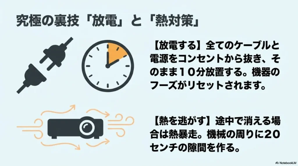 裏技としての「放電」の手順（10分放置）と、途中で消える場合の「熱対策」を時計のイラストで示したスライド。