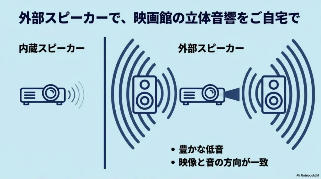 外部スピーカーを使って映画館の立体音響を自宅で楽しむメリットとして、「豊かな低音」と「映像と音の方向が一致」することを解説したイラストスライド。