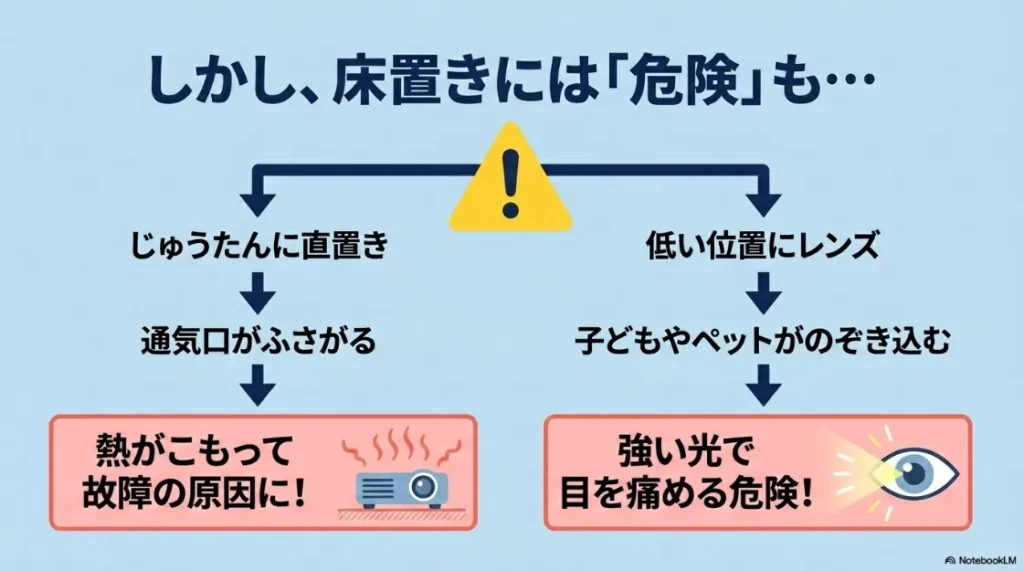 プロジェクター床置きの危険性（絨毯への直置きによる熱暴走や子どもがレンズをのぞき込むリスク）