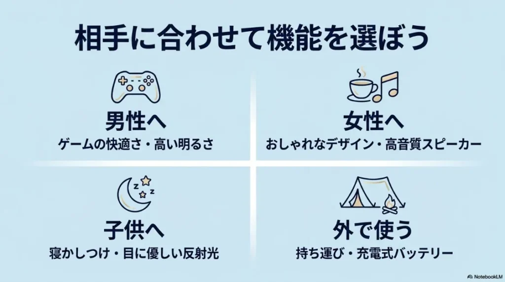 テントと焚き火のイラストと、男性へ（ゲーム・明るさ）、女性へ（デザイン・スピーカー）、子供へ（寝かしつけ・反射光）、外で使う（持ち運び・バッテリー）という相手に合わせた機能選びの解説