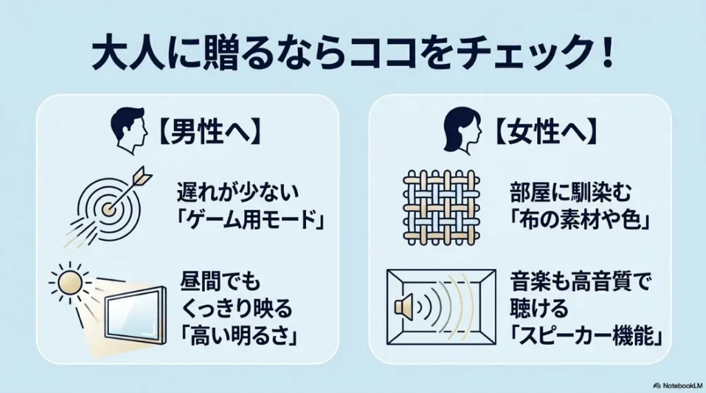 男性の横顔、的、太陽とモニターのイラストと、男性向け（ゲーム用モード・高い明るさ）、女性向け（布の素材や色・スピーカー機能）のチェックポイント解説