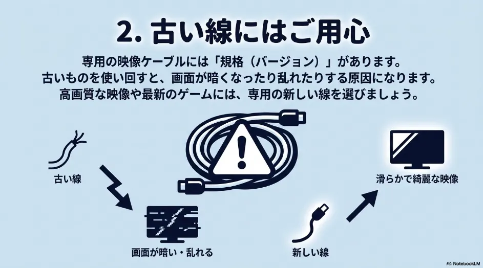 映像ケーブルの規格(バージョン)に関する注意点。古い線を使い回すと画面の暗転や乱れの原因になるため、高画質な映像や最新ゲームには新しい線を選ぶべきであることを示すイラスト。