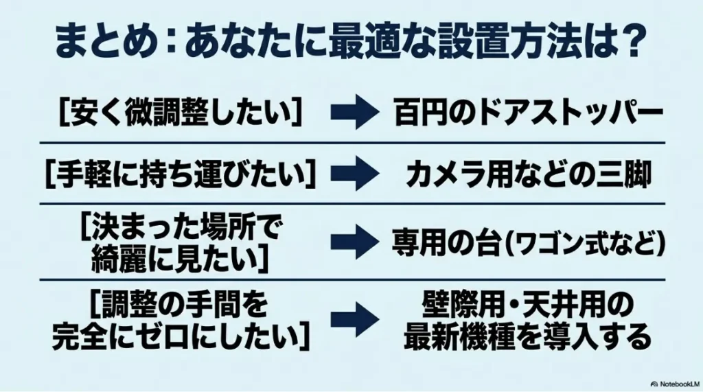 高さ調整の悩み別に最適な設置方法を整理したまとめ図