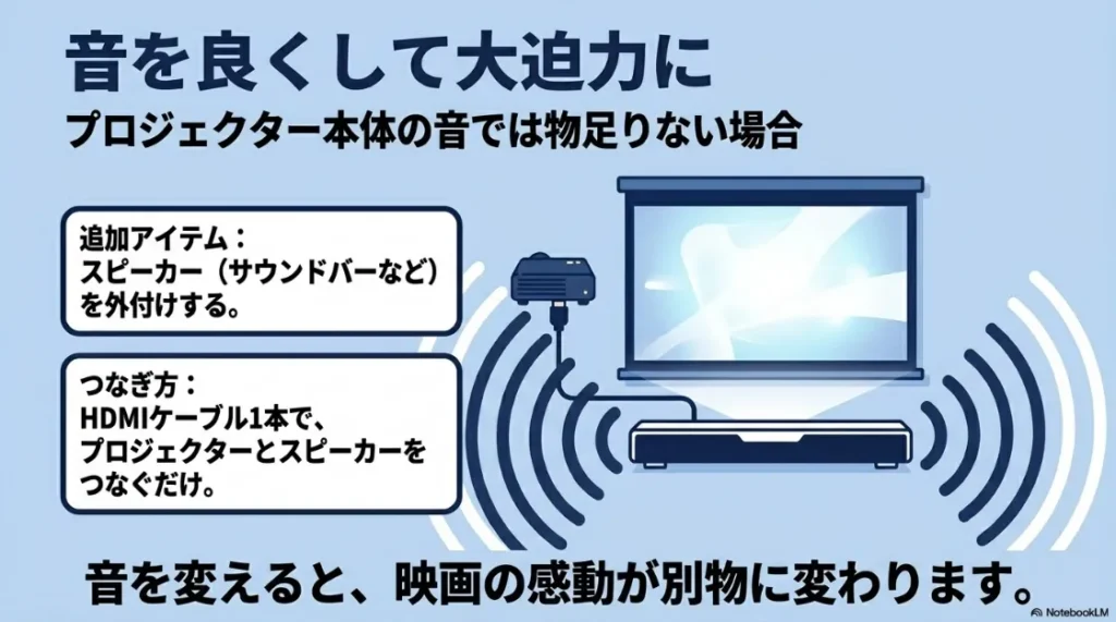 プロジェクターに外部スピーカーやサウンドバーを接続して音響クオリティを向上させる方法。