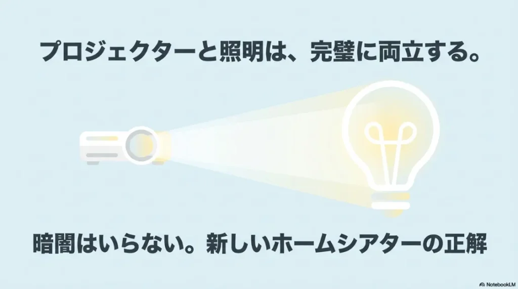 部屋を真っ暗にする必要があるか悩んでいる人のイラストと「映像か、明るさか？」という問いかけ。暗闇なしでホームシアターを楽しむ提案のスライド。