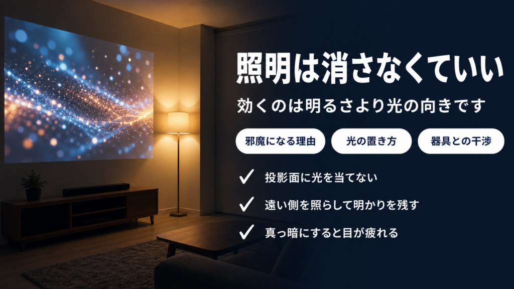 天井照明を消しフロアランプだけを点けた部屋でプロジェクターの映像が見えている様子のアイキャッチ