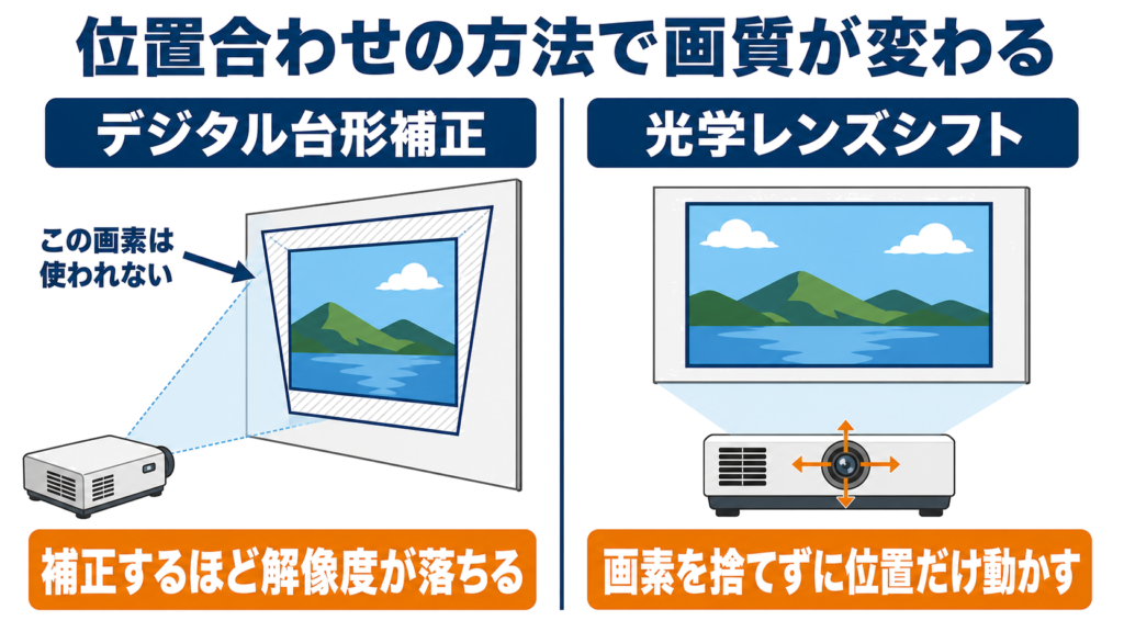 デジタル台形補正と光学レンズシフトで画素の扱いが変わることを示した図
