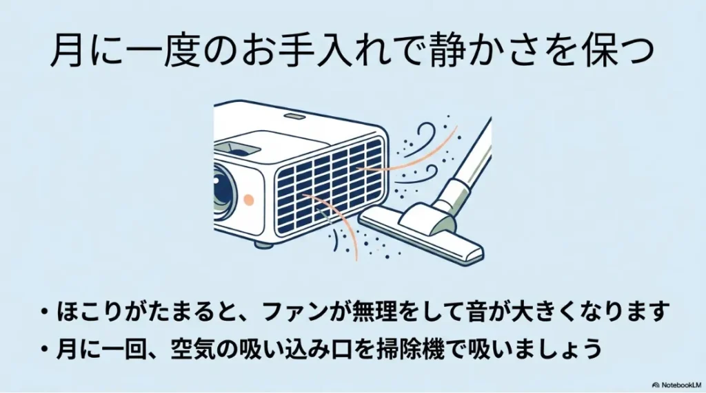 月に一度、掃除機で吸気口のほこりを吸い取ってファンの負荷と音を抑えるお手入れ