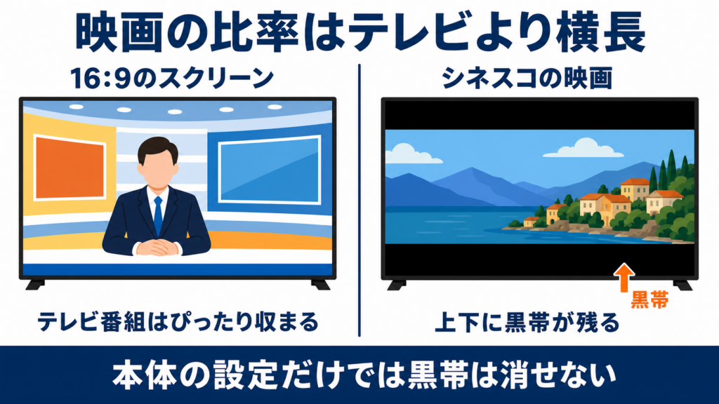 16対9の画面にシネスコ映像を映すと上下に黒帯が出ることを示した図