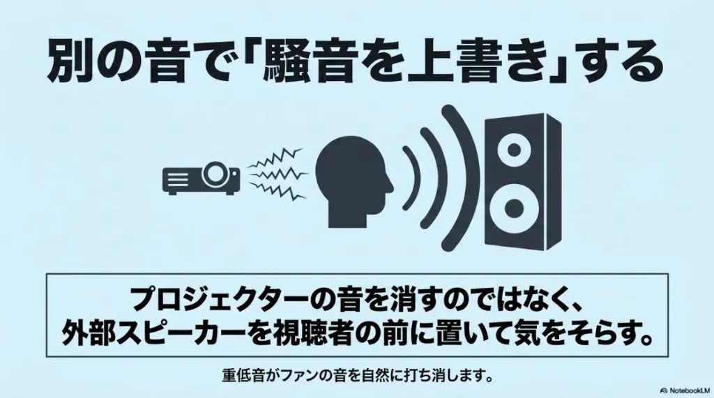 外部スピーカーの重低音でプロジェクターのファンの音を上書きする方法