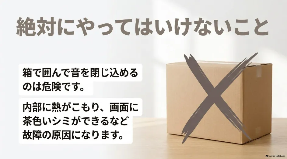 プロジェクターを箱で囲って静音化すると排熱できず故障につながる危険性
