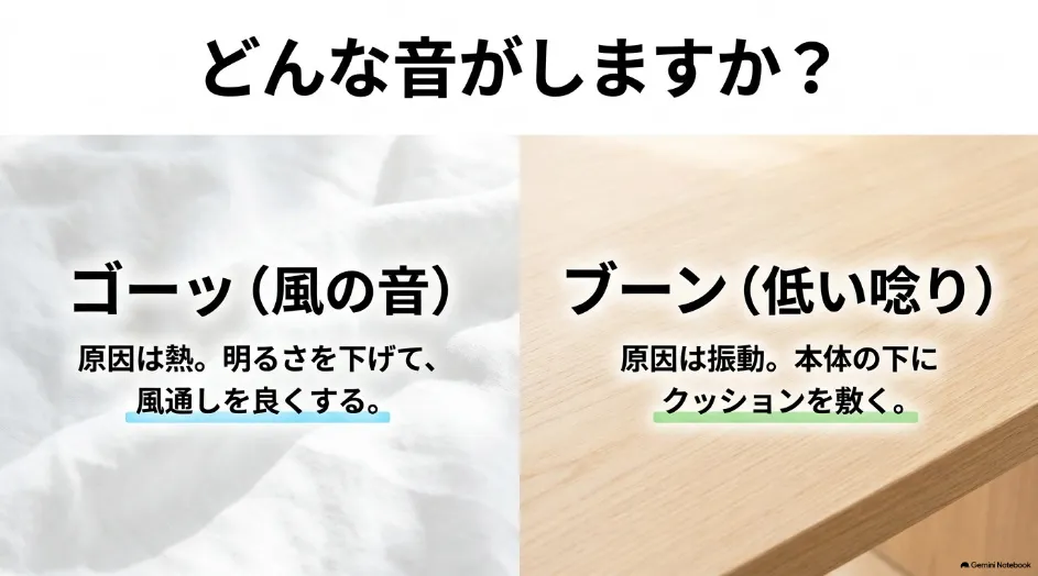 プロジェクターのゴーッというファン音とブーンという振動音の原因と対策