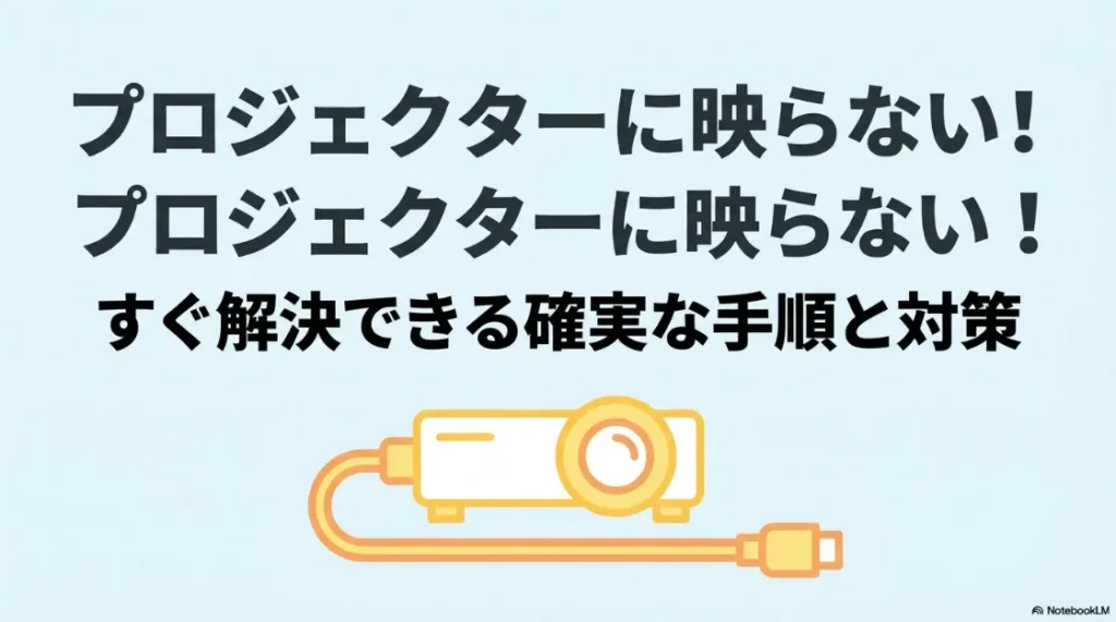プロジェクターにパソコンが映らない時の確実な手順と対策を解説するタイトルのスライド資料。