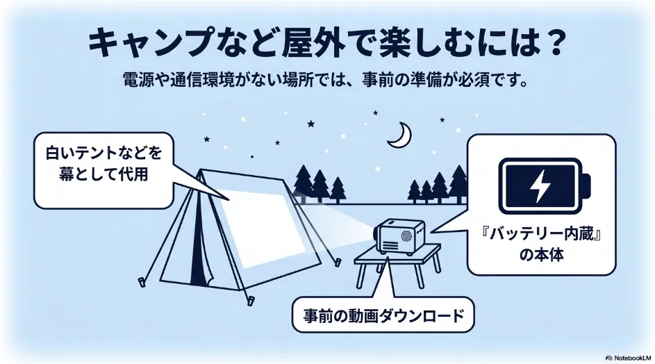 キャンプなど屋外で楽しむための準備。白いテントなどを幕として代用し、事前の動画ダウンロードとバッテリー内蔵の本体を組み合わせることを説明するイラスト。