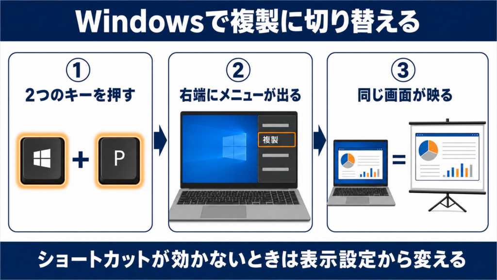 WindowsキーとPキーで複製に切り替える手順を示した図