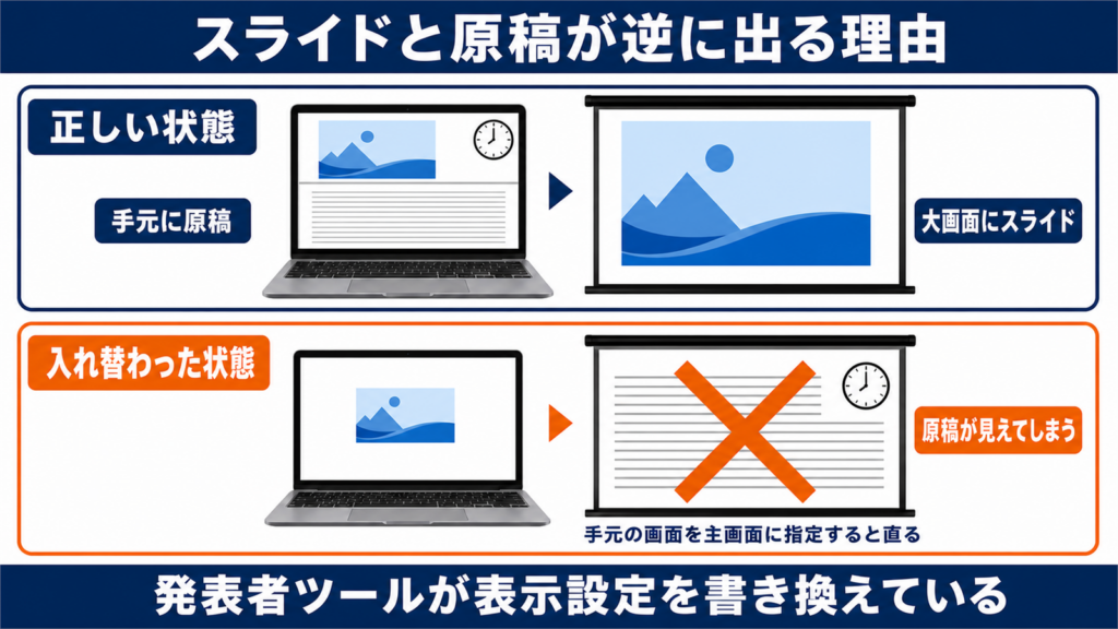 パワーポイントの発表者ツールでスライドと原稿が逆に表示される仕組みを示した図