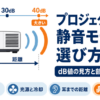 動作音の目盛りと耳までの距離を示した静音プロジェクターの図