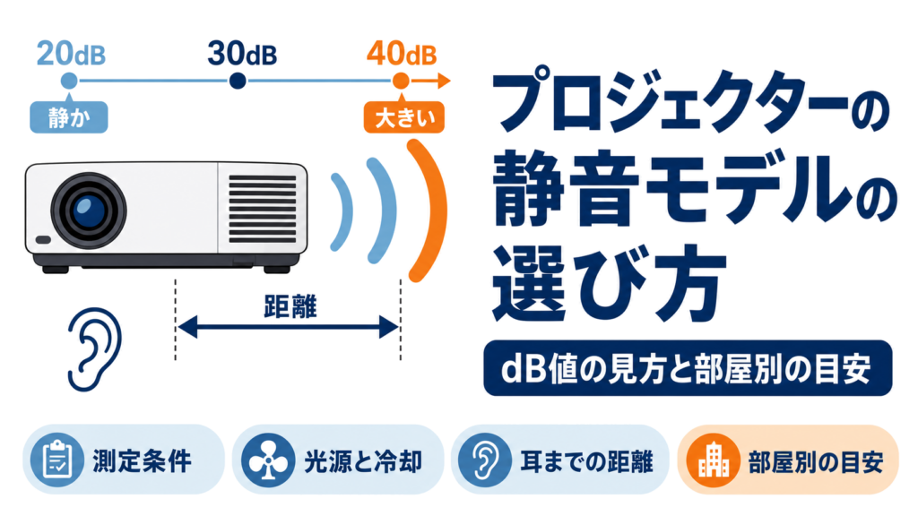 動作音の目盛りと耳までの距離を示した静音プロジェクターの図