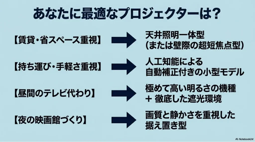 賃貸・省スペース、持ち運び、昼間のテレビ代わり、夜の映画館など目的別の最適なプロジェクター