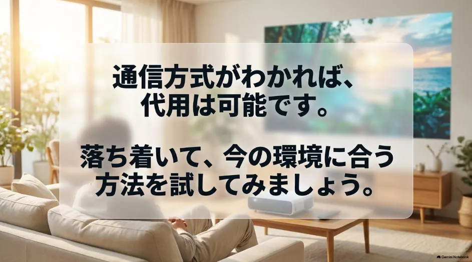 プロジェクターの通信方式を確認して環境に合ったリモコン代用方法を選ぶことをまとめたスライド