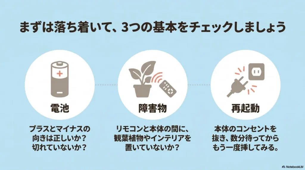 落ち着いてチェックすべき3つの基本(電池、障害物、再起動)を説明するイラスト付きスライド。