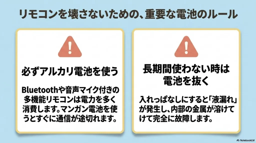 リモコンを壊さないための電池ルール。アルカリ電池の使用推奨と、長期間使用しない時の電池抜き取りの重要性を説明するスライド。