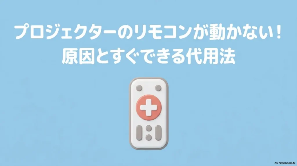 プロジェクターのリモコンが動かない原因とすぐできる代用法を解説するタイトルスライド画像。
