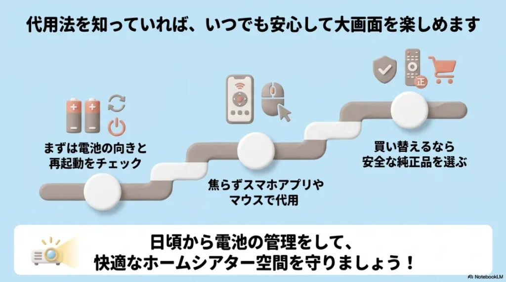 プロジェクターのリモコン問題の解決策まとめ。電池と再起動のチェック、スマホアプリやマウスでの代用、純正品の選択を推奨する総括スライド。